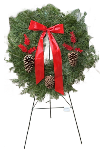 #11 18" Wreath with Deluxe Clusters of Frosted Cones, Red Ruscus and a Beautiful Bow on Easel