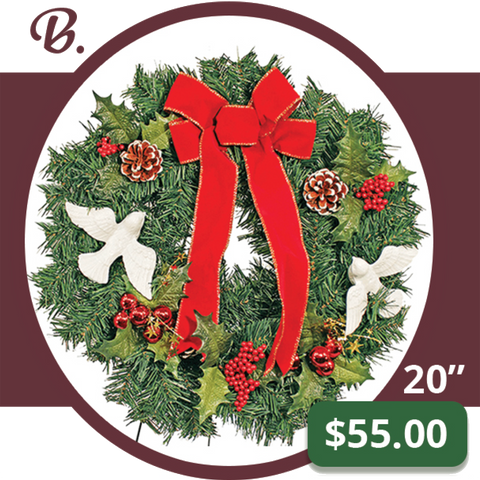 B – Christmas Wreath with Doves and Red Bow