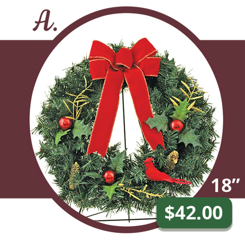 A - Holiday Memorial Wreath with Red Bow & Cardinal