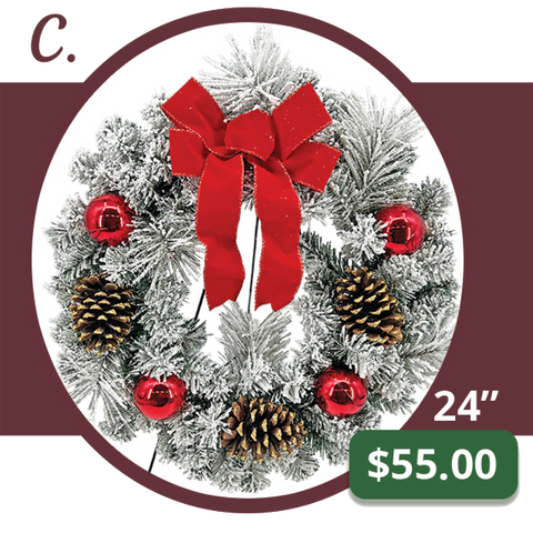C - Snow-Frosted Holiday Memorial Wreath with Red Bow